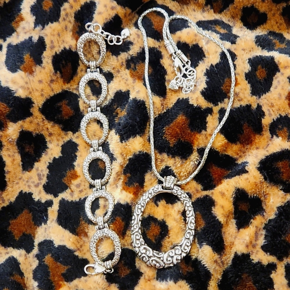 Brighton Silver-Tone Textured Oval Bracelet and Pendant Necklace